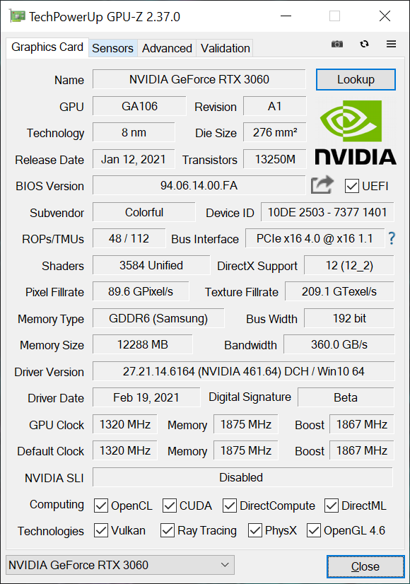 COLORFUL iGame RTX 3060 Advanced OC GPU-Z
