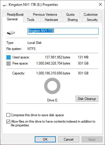 Kingston NV1 Formatted (NTFS) Drive Capacity